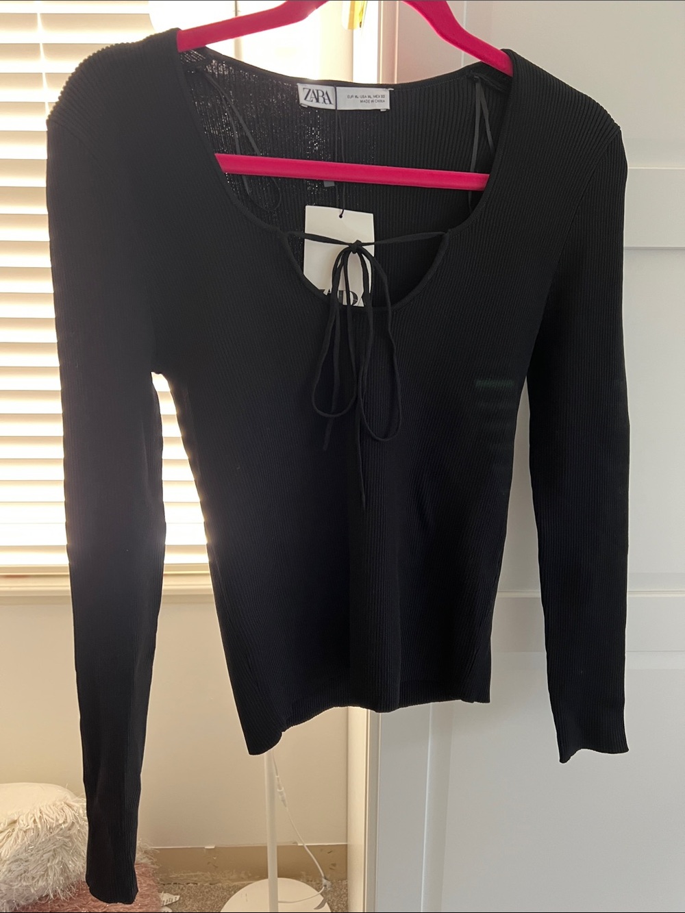 Zara Black Ribbed Long-Sleeve Tie-Front Top
